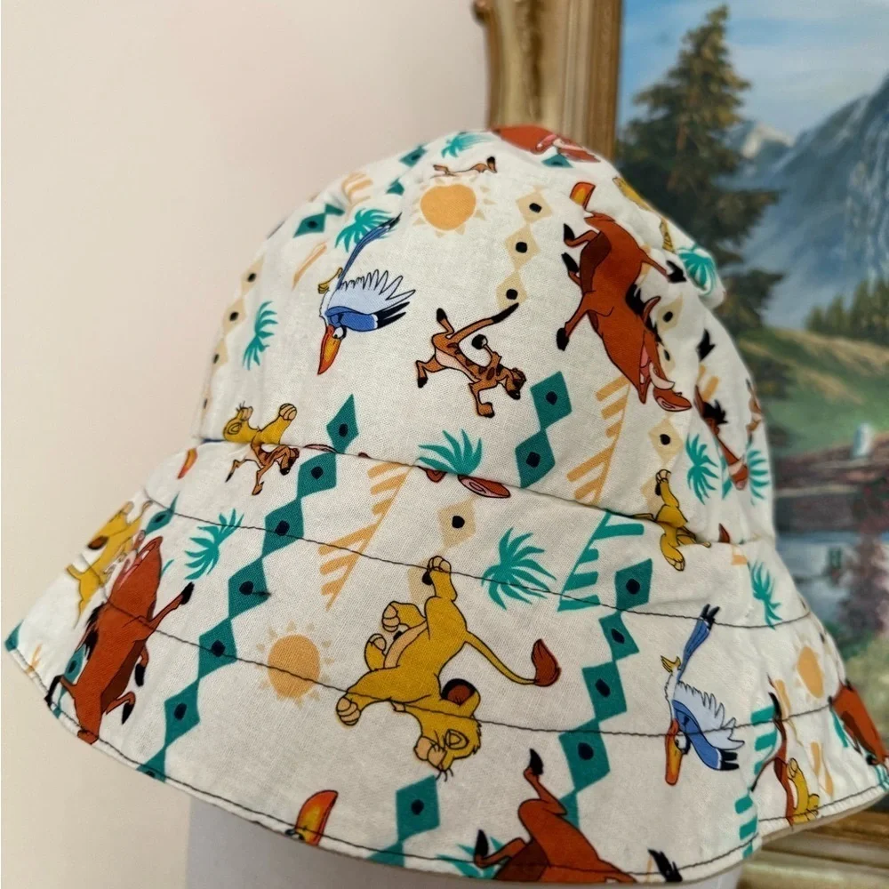 Vintage Handmade Cotton Beige Bucket Hat with Sock Monkey Print